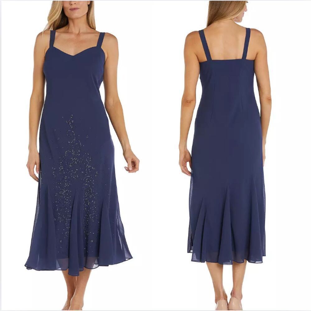 NWT R&M Richards Made In USA Navy Formal Beaded Gown sz 12 MOB Mature Wedding